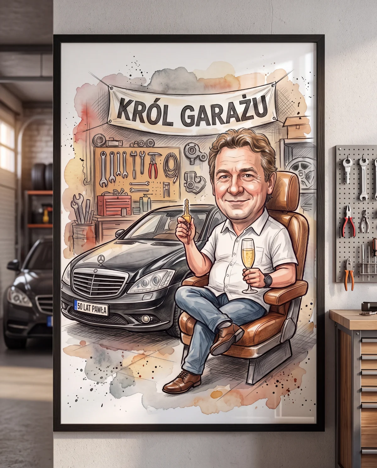 Karykatura na urodziny miłośnika samochodów w garażu, w ramie
