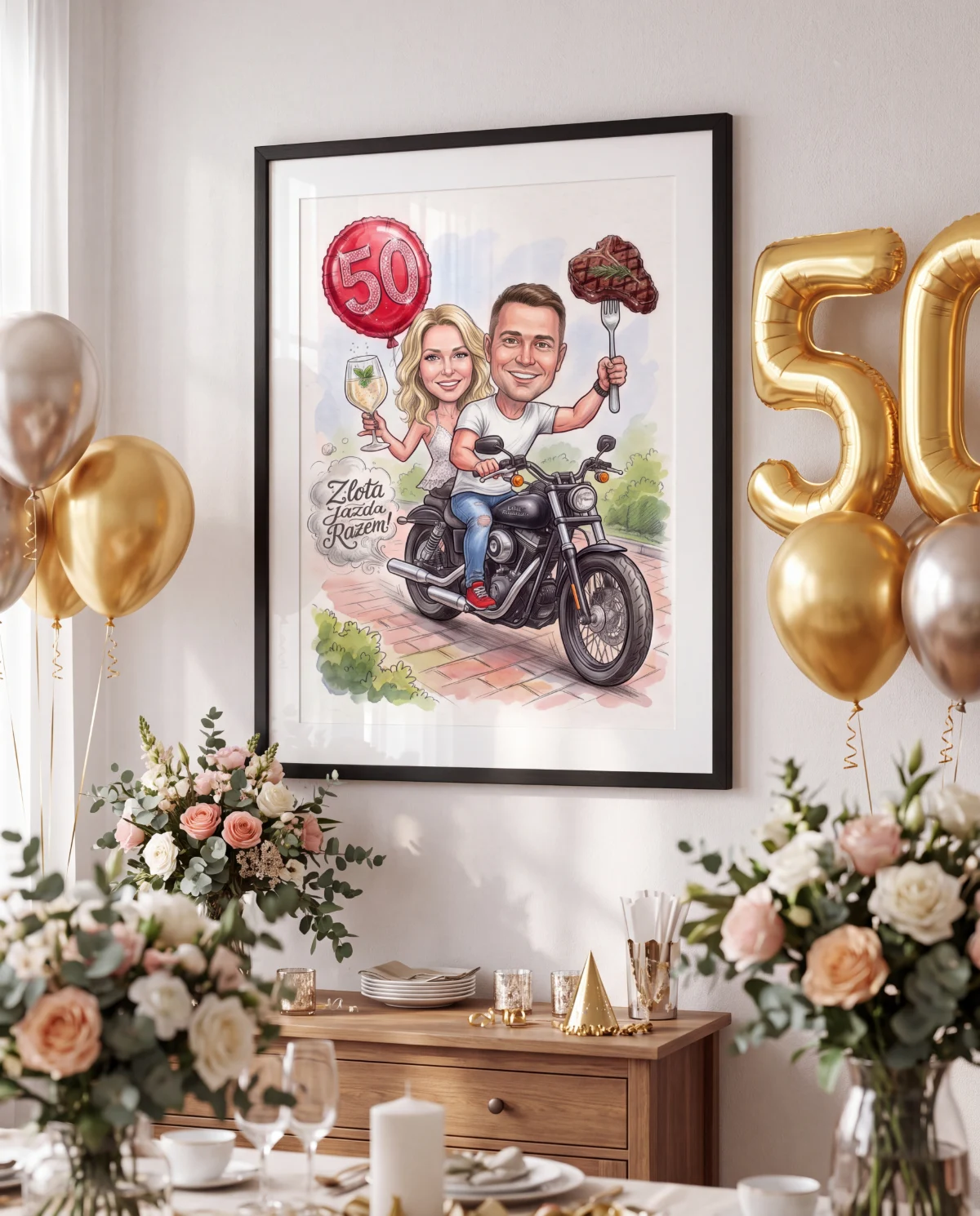 Karykatura na 50 urodziny pary na motocyklu, w ramie na ścianie